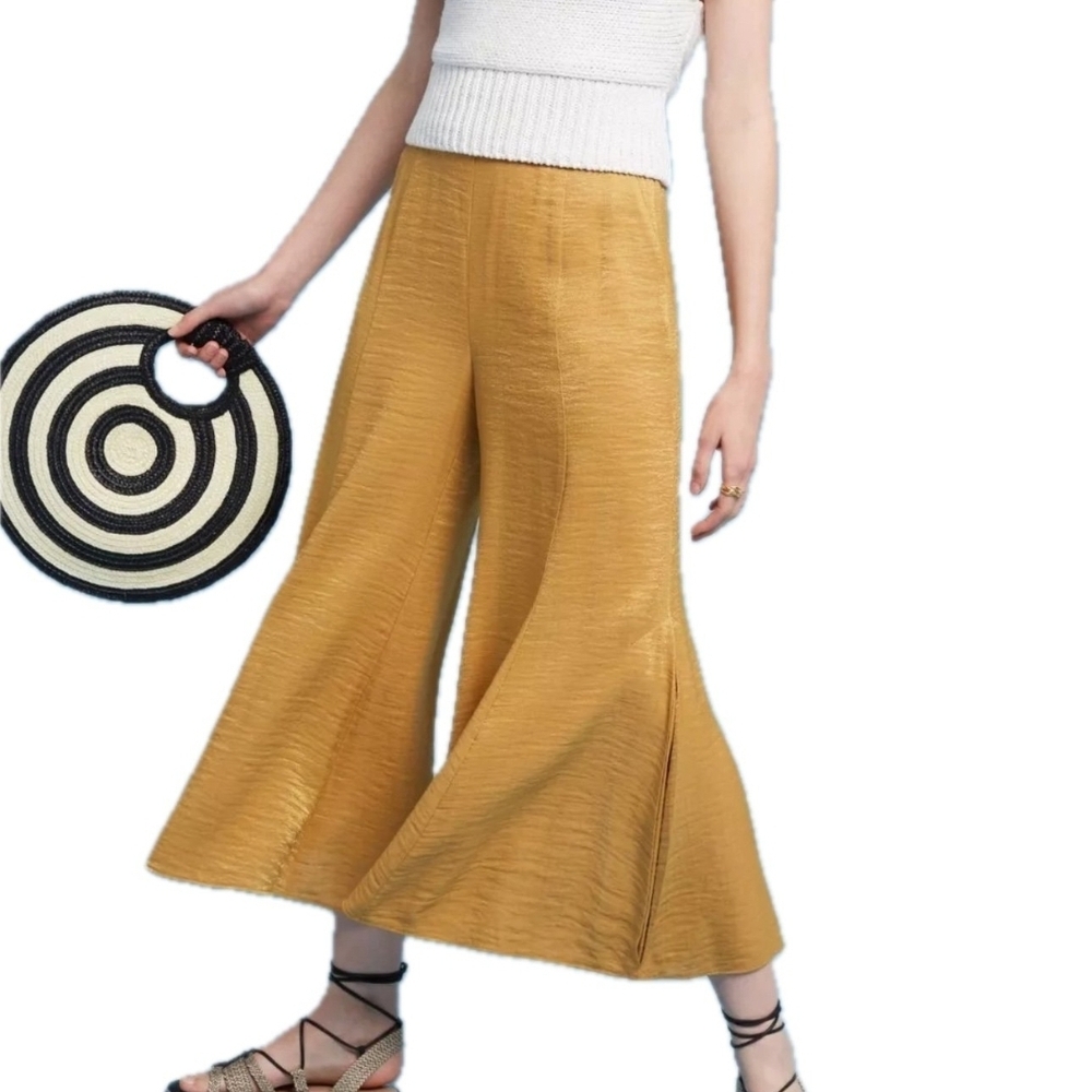 Elevenses By Anthropologie Shimmering Gold Wide Leg Cropped Trousers - Picture 5 of 5